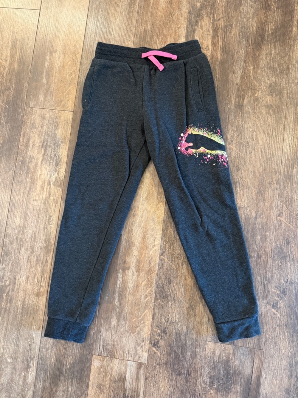 Puma Dark Gray Joggers with Pink Drawcord and Splash Logo